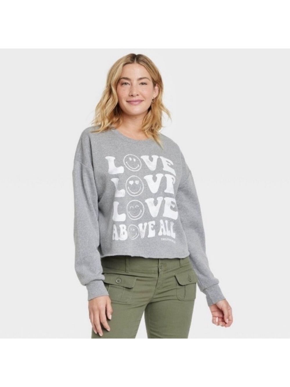 NWOT Smiley World gray Love oversized cutoff sweatshirt